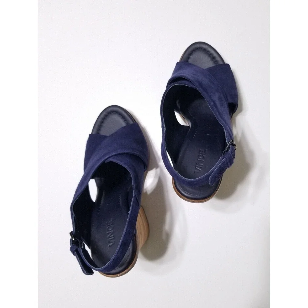 Vince Helena Suede Slingback Wooden Block Heel Sandals Indigo Blue NIB 6.5 7